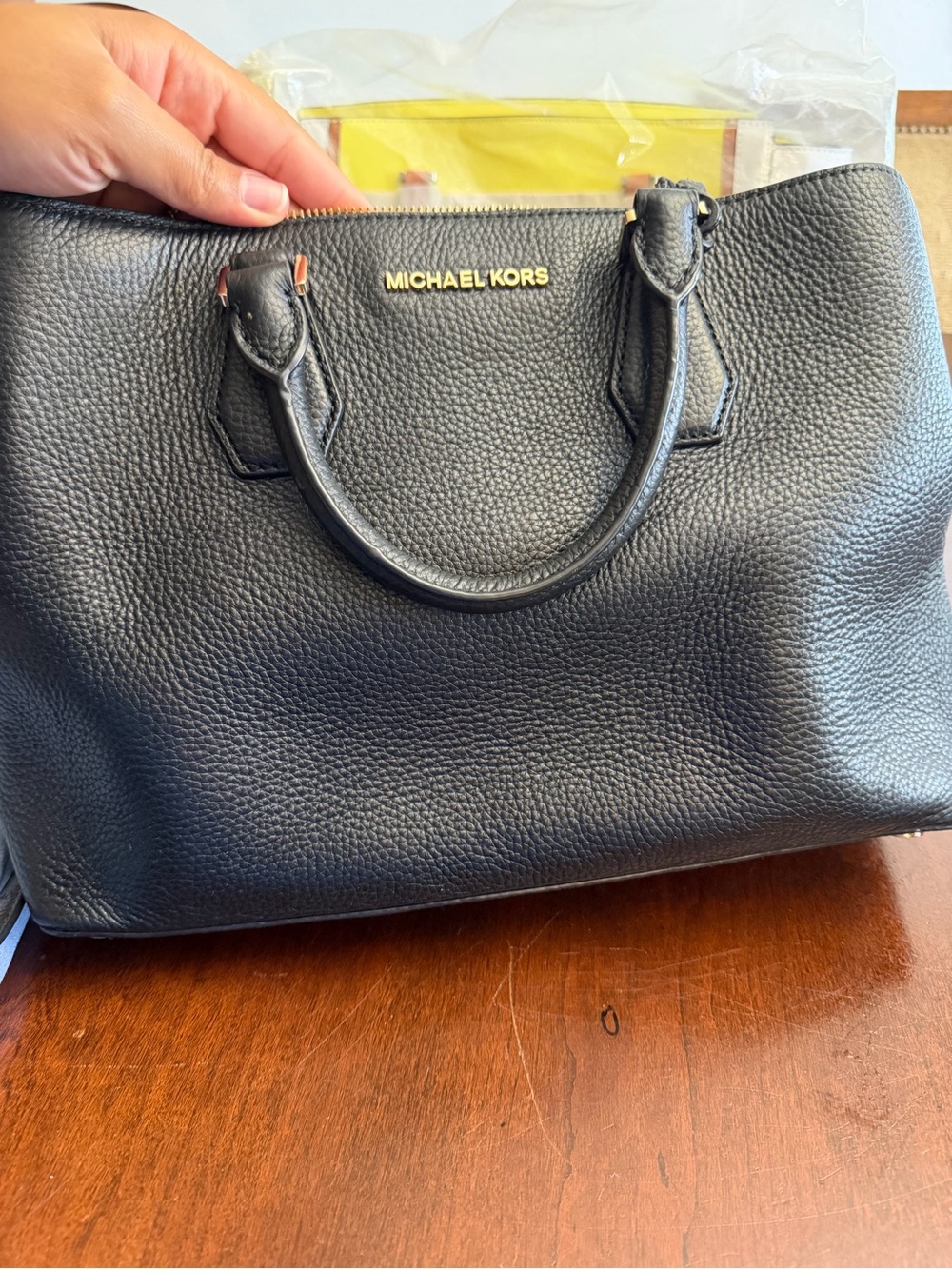 Michael Kors Black Pebble Leather Satchel with Gold Logo